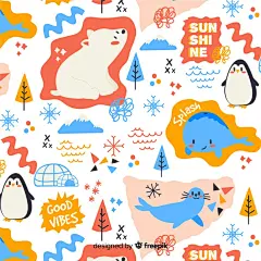 Colorful doodle animals and words pattern Free Vector