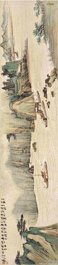 #山水画#【 张大千 《新安江纪游》 】镜心，纸本设色，23.8×107.5cm，1945年作。 款识：“十里危滩五里湾，撩人四面列烟鬟，引舟漫怪长年懒，却得推篷看好山。新安江旧游，乙酉二月爰。” 张大千此作写新安江险水行舟之一节。此图大开大合，敷色清丽，既歌颂祖国之壮美，复怜悯纤夫之劳苦。