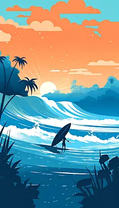 扁平风冲浪海滩运动插画