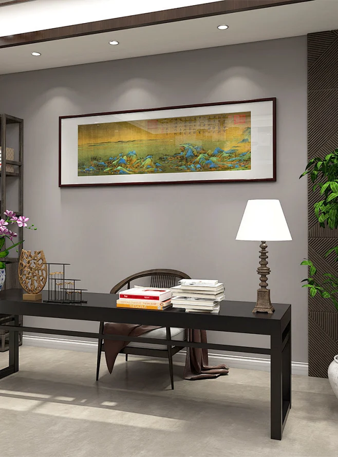 新中式客厅国画装饰画千里江山图书房挂画办公室山水风水靠山横幅-tmall.com天猫-花瓣网