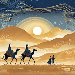敦煌艺术风格插图穿越沙漠的骆驼队敦煌建筑背景中巨大的观世音雕