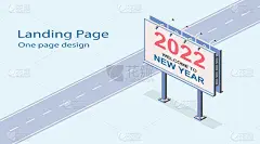 2022年新年到来。等距街头广告牌。矢量媒体圣诞海报模板插图。