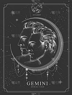 现代魔法魔法卡带有双子星座。写实手绘人像插图。星座的特点