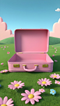 A-open-empty-pink-suitcase-on-the-wide-grass-surrounded-by-flowers--in-front-view--the-suitcase-is-empty-inside--with-sky-blue-background--in-the-cartoon-style--rendered-in-C4D--as-a-3D-scene-displayi