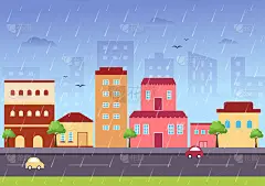 暴雨背景矢量插图在雨天与风景城市景观或公园和空的公共场所与水坑横幅或海报