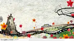 手绘风景插画-儿童绘画风格野外行驶的小汽车