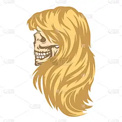 手绘彩色女性头骨与头发孤立在白色背景。复古设计在卡通素描风格的印刷，纹身。矢量插图。