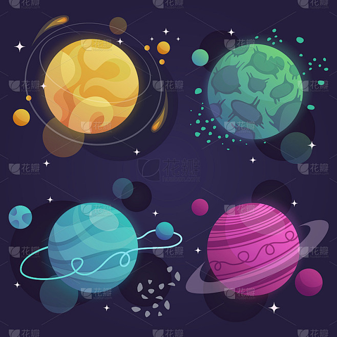 一套卡通行星在空间，矢量，插图