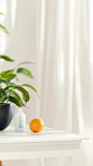 a potted plant sitting on top of a white table, by Julian Allen, a orange on the table，cozy and peaceful atmosphere, banner, product photography, family friendly, aleksandra waliszewska, serene smile, nebulizer equipment, quiet and serene atmosphere, eleg
