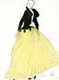 Evening gown of yellow tulle and black velvet top with deep v-back by Robert Piguet, illustrated by René Gruau, 1949