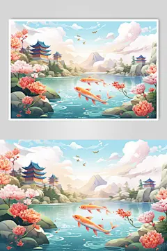 AI数字艺术国潮锦鲤山水建筑元素插画