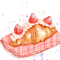 水彩插画-草莓奶油牛角包