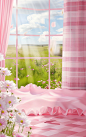 a beautiful photo of pink checkered walls and ruffled pink curtains and a field, in the style of hyper-realistic water, cartoon mis-en-scene, tranquil serenity, 3840x2160, delicate washes, cute cartoonish designs, ferrania p30