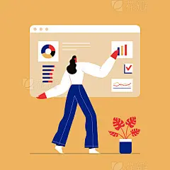 Woman interacting with charts and analysing statistics. Customer tracking software, data visualisation. Flat vector illustration.Woman interacting with charts and analysing statistics. Customer tracking software, data visualisation. Online survey concept 