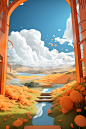 a room showing a balcony, pond, and green roof, in the style of surreal animation, sky-blue and orange, pastoral landscape, playful animation, dreamlike visions, cloudpunk, rectangular fields