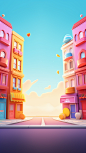 2 buildings on the left, 2 buildings on the left, from far to near, perspective, left and right distribution, cartoon, cute, minimalist, simple, high quality, vibrant colors, clay texture, fine gloss, 3d rendering, oc rendering, best quality, 8k, bright, 