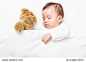 my best friend the baby sleeping with her teddy bear on the bed, new family and baby healthy concept