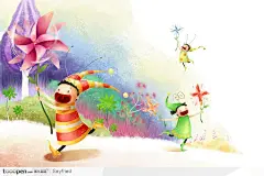 手绘儿童插画―拿着风车玩具奔跑的快乐小精灵