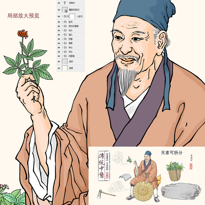 李时珍 中医 中草药 中药包装 保健品包装 传统养生 包装设计 古代医学家 手绘插图 插画 本草纲目 采药图 膏药 中医馆壁画