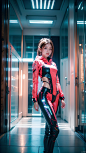  1girl,Future style gel coat,Future Combat Suit,bodysuit,brown hair,building,cyberpunk,Girl's posture,Clothing with multiple light sources,Upper body,Above the knee,Future Technology Space Station,Lateral body,indoor,Glowing Clothing,helmet removed,hood,l