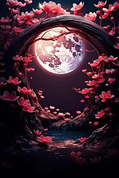 夜晚渔船书面古风树木建筑蓝色远山素材图片
