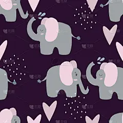 无缝的背景与可爱的大象与心形。装饰可爱的壁纸为婴儿室在斯堪的纳维亚风格。适合儿童服装、室内设计、包装