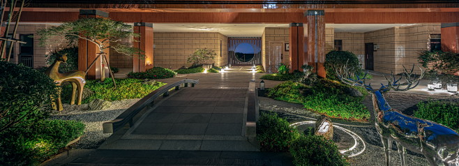 腾冲的小院子·栖山云居 半山度假风格 自然 质朴 山林 野奢 灯光夜景 灯具 砾石散铺 地面铺装 景观桥 园路 庭院 雕塑小品 鹿 植物种植 ...