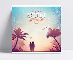 冲浪板和椰子树矢量素材|海鸥,岛屿,椰子树,冲浪板,沙滩,夏季,海报,斑驳,矢量图,AI格式,含JPG预览图,万图库