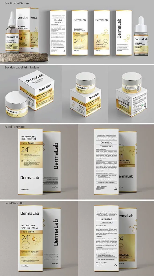 This may contain: the packaging design for dermalab is shown in four ...