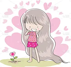 向量卡通长头发小女孩与花贺卡