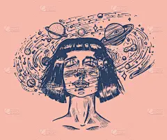 有行星的年轻女子双重曝光 未来女天文学家和太空中的星星。科幻小说概念。手工绘制雕刻复古复古素描纹身，