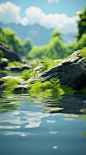 a rock covered with grass with moss on the water, in the style of rendered in cinema4d, shallow depth of field, photo-realistic landscapes, tropical landscapes, xbox 360 graphics, japanese minimalism, delicately rendered landscapes