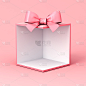 展位空白礼盒与粉色丝带蝴蝶结孤立在粉色背景上，概念简约