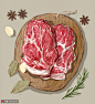 猪肉砧板炖肉写实彩色手绘生鲜鲜肉美食插画图片下载-优图网