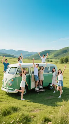 一群年轻朋友在开阔的自然风景中与复古旅行车互动的活力场景，写实风格摄影，明亮通透的光线，天空呈现清澈的渐变蓝色，地面是绿色草地和远处的山丘，复古绿色旅行车停在画面中央，朋友们穿着休闲夏装，有的站在车旁、有的从车门探身、有的单脚踩在踏板上，所有人都举起手臂做出欢快的姿势，脸上洋溢着灿烂笑容，整体氛围轻松愉悦充满青春气息，展现不同的旅游出行方式，画面构图饱满，色彩清新自然，人物姿态生动富有动感，远处的自然景观与前景的人物车辆形成和谐的空间层次。