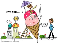 韩国矢量时尚简笔插画 坐在雪糕上的女孩和男孩