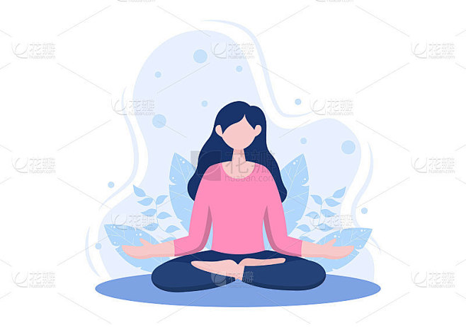 放松或瑜伽与交叉的腿，闭上眼睛冥想和听音乐在家里的平面卡通矢量插图