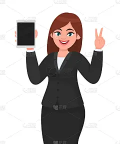 年轻的商业女性展示或拿着一个全新的数字平板电脑，做着胜利、v、和平、两个手势。女性角色设计插画。现代
