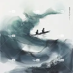 水墨画细致，描绘了远处三个小人物在海浪环绕的岛屿上划船。抽象