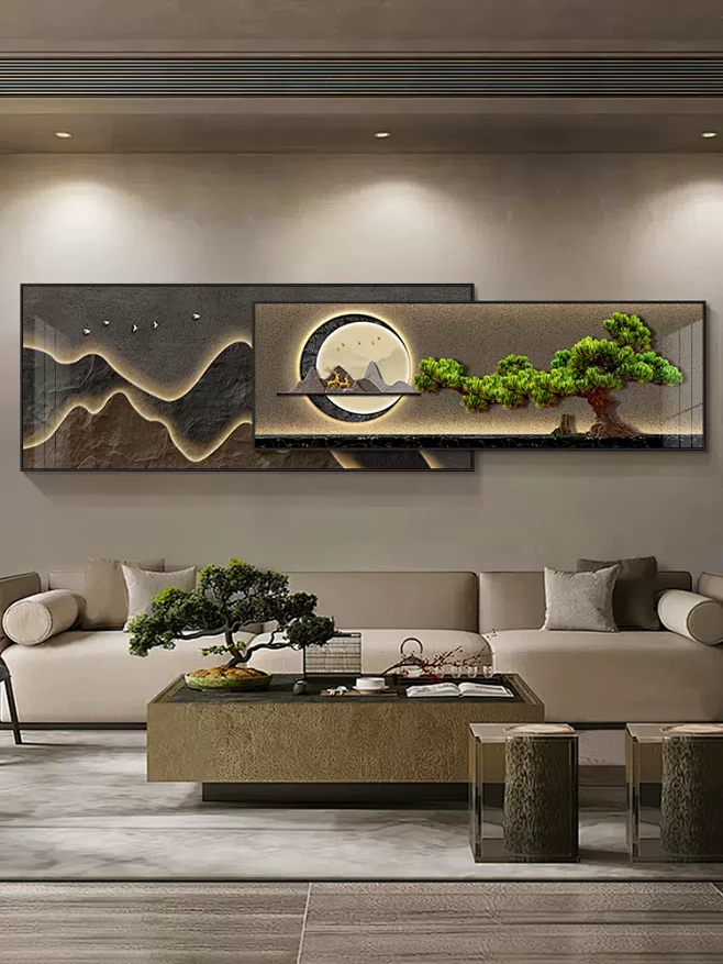 迎客松客厅装饰画横版叠加壁画新中式高级感茶室沙发背景墙挂画-tmall.com天猫-花瓣网