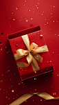 A christmas gift box with gold ribbon and golden stars on red background, in the style of leandro erlich, flora borsi, tim walker, photorealistic detail, studyblr, folded planes, polished metamorphosis