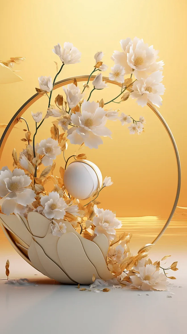 淡金色的花朵，3D渲染，异想天开的梦想，...