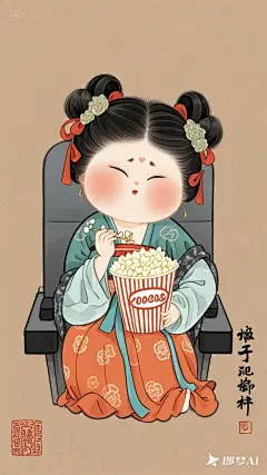 全景,水墨插画,极简主义，漂亮的唐代女士插画,女士在电影院吃爆米花看电影，现代人物与古风工笔画结合，画风细腻成熟，独特的风格，识别度高，人物讨喜又不失韵味，可爱的Q版唐代风俗画图，背景简洁，纯色背景。 (1)