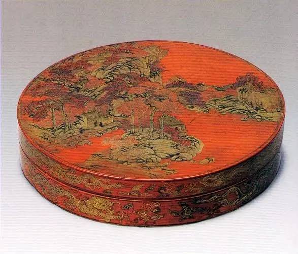 红漆描金山水人物图大圆盒 明万历 高10.5厘米 口径52.6厘米 故宫博物院藏（清宫旧藏）