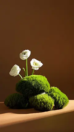 背景，产品背景，海报背景，自然元素，棕黄配色，花，苔藓，东方，简约，场景