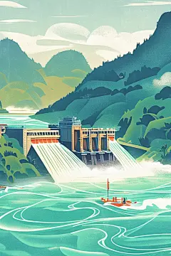 水库水坝风景插画