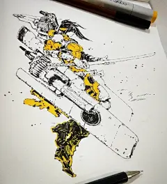 Kael Ngu来自马来西亚，喜欢用黄灰色马克笔绘画，酷酷的人拿着属于他的酷酷的武器装备，帅气利落。#王国分享# O网页链接