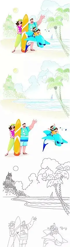 一家四口去海边线描卡通矢量人物漫画AI|绘画设计|角色|卡通人物|卡通人物图片|漫画人物|人物插画|人物素材|人物图片|矢量人物|矢量图|手绘人物|水彩