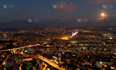 伊斯坦布尔,城镇景观,水平画幅,山,夜晚,无人,月亮,户外,居住区,都市风景