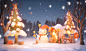 Winter landscape with snowflakes and christmas lights, in the style of adorable toy sculptures, daz3d, lively action poses, fawncore, softbox lighting, orange and green, kawaii